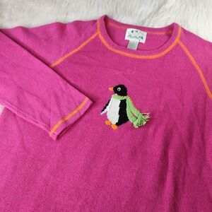 Quacker Factory Pink Penguin Holiday Long Sleeve Knit Sweater Size Large